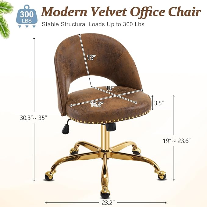 VINGLI Modern Velvet Small Office Chair,Cute Desk Chair with Wheels,Gold Base/Studs, Comfy Armless Swivel Vanity Task Chair for Women/Girl/Kids, Nail Tech Chair for Bedroom,Small Space,Rustic