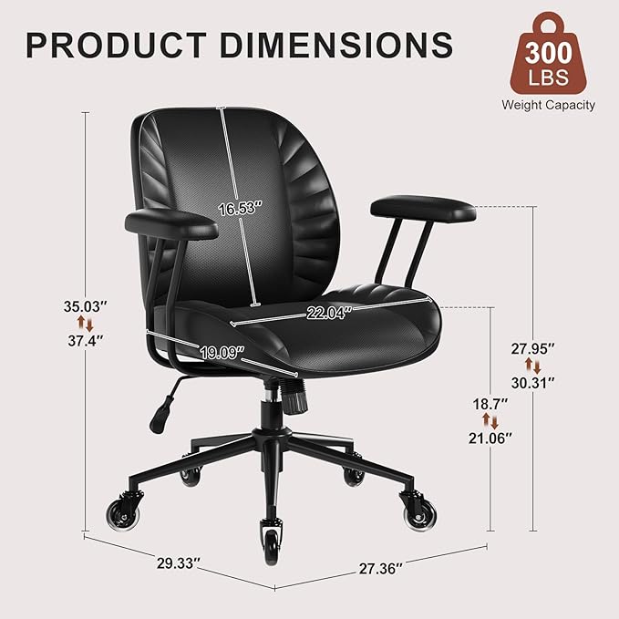 BFZ Home Office Desk Chair, Adjustable Comfy Desk Chair with Wheels, Comfortable Ergonomic Office Chair, Criss Cross Office Desk Chair with Back for Vanity,Home Office or Workspace, Black Leather