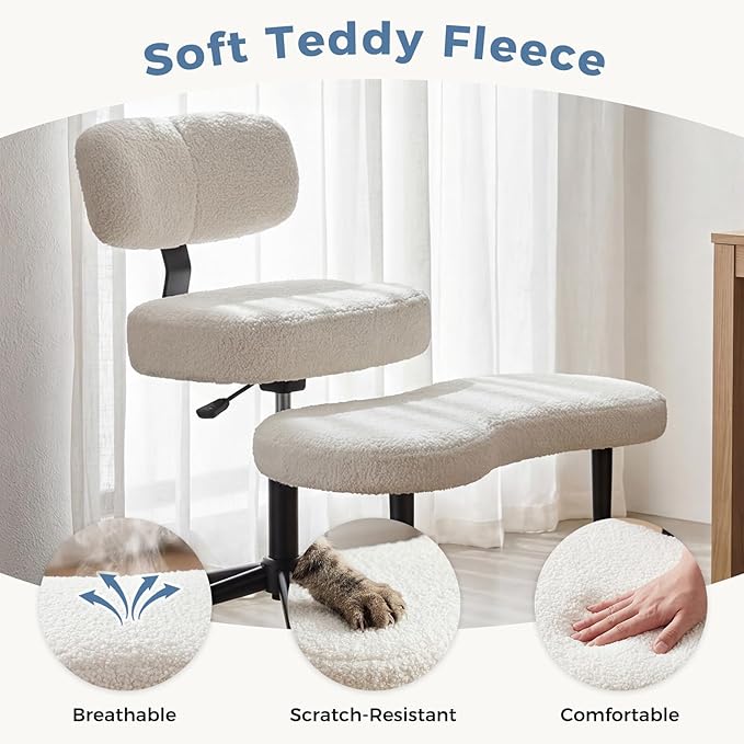 DUMOS Ergonomic ADHD Cross Legged Office Desk Chair with Adjustable Backrest, Height Adjustable Meditation Chair with 360° Swivel Footstool, Teddy Fabric Yoga Stool for Home Office, White