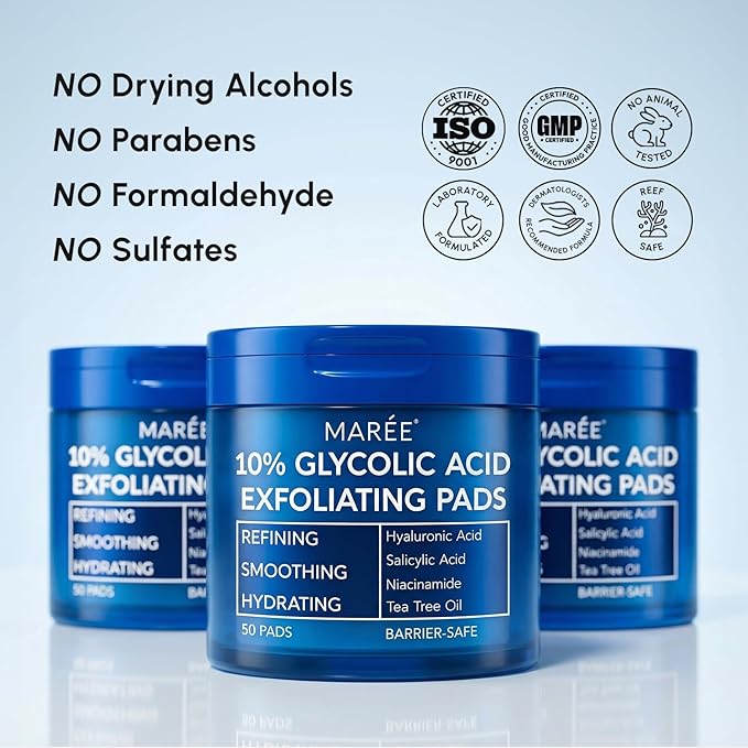 MAREE Glycolic Acid Resurfacing Pads - Toner Pads for Face Cleansing - Exfoliating Pad with Tea Tree Oil, Salicylic Acid & Vitamins E, B3, B5 - Facial Device for Pore Resurfacing & Radiance - 50 Count