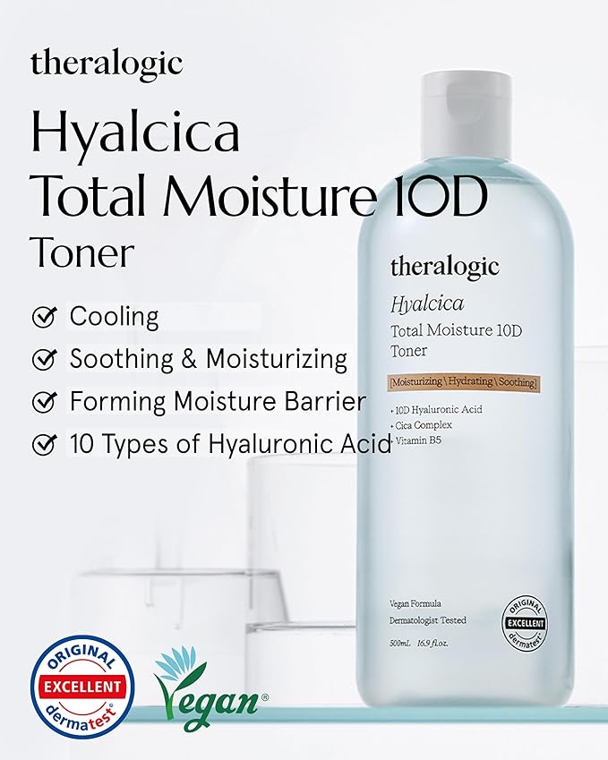 Hyalcica Total Moisture 10D Toner - Vegan Moisturizing Soothing Korean Face Toner with 10 Hyaluronic Acid and CICA - Low pH Face Toning Water - Derma Tested, 16.9 fl.oz.