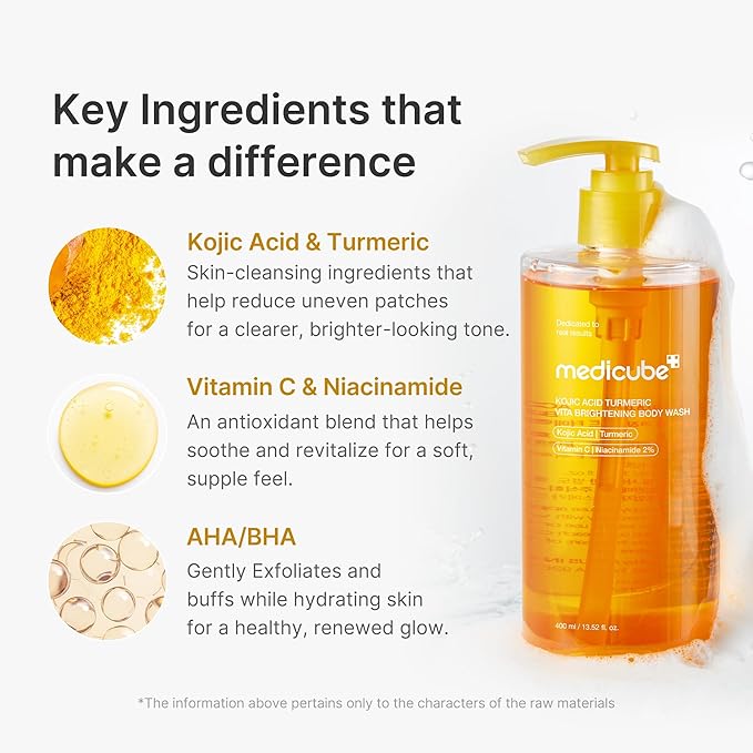 medicube Kojic Acid Brightening Body Care Duo: Turmeric Body Peel Shot and Kojic Acid Body Wash | For Brightening, Exfoliating with Citrus Scent for Fresh Shower Routine