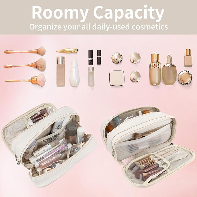 Makeup Bag for Women, Wide-open Makeup Organizer with Makeup Brush Holder, Waterproof Cosmetic Bag with Compartment, Portable Travel-Size Toiletry Bag for Traveling, Large Make Up Bag (White)