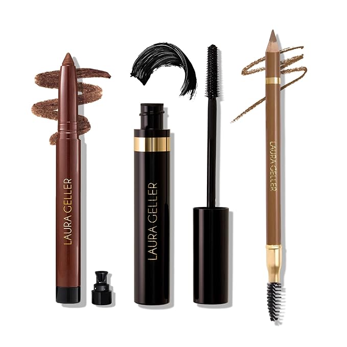 LAURA GELLER Laura’s 3 E’s Eyebrows, Eyelash & Eyeliner Kit for Mature Skin | Medium Brown | Kajal Longwear Eyeliner, Kajal Longwear Mascara & Bravo Brows Soft Pencil + Brush