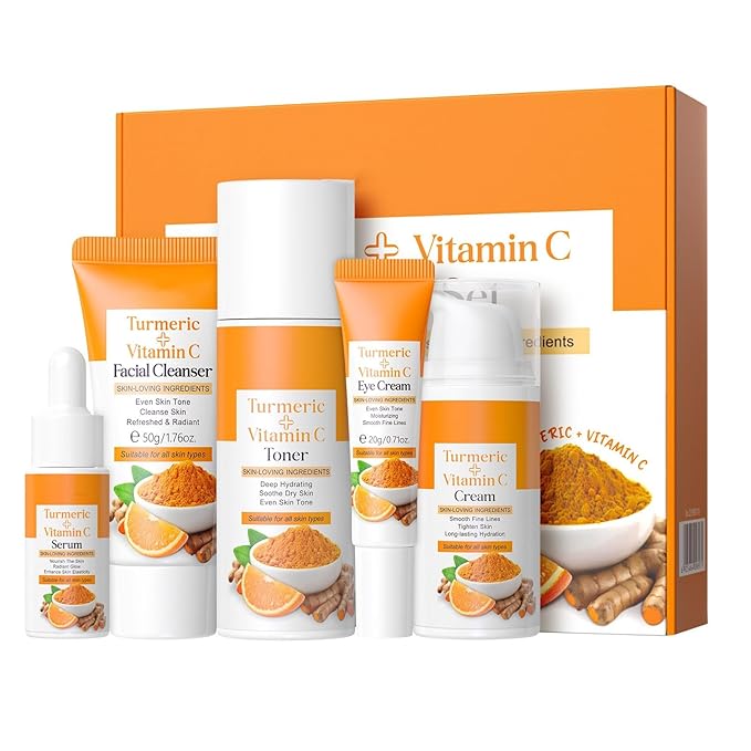 Turmeric Skincare Set, Skincare Gift Set for Women Teens Girls, 5PCS Turmeric Vitamin C Facial Skin Care Routine Kit for Glow Skin with Turmeric Face Wash, Toner, Serum, Eye Serum, Cream