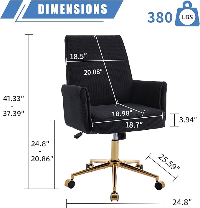 Stripes Velvet Home Office Desk Chair, Accent Upholstered Modern Height Adjustable Swivel Chair with Wheels,Ergonomic Task Chair for Living Room,Bedroom,Vanity,Study,Office（Black）