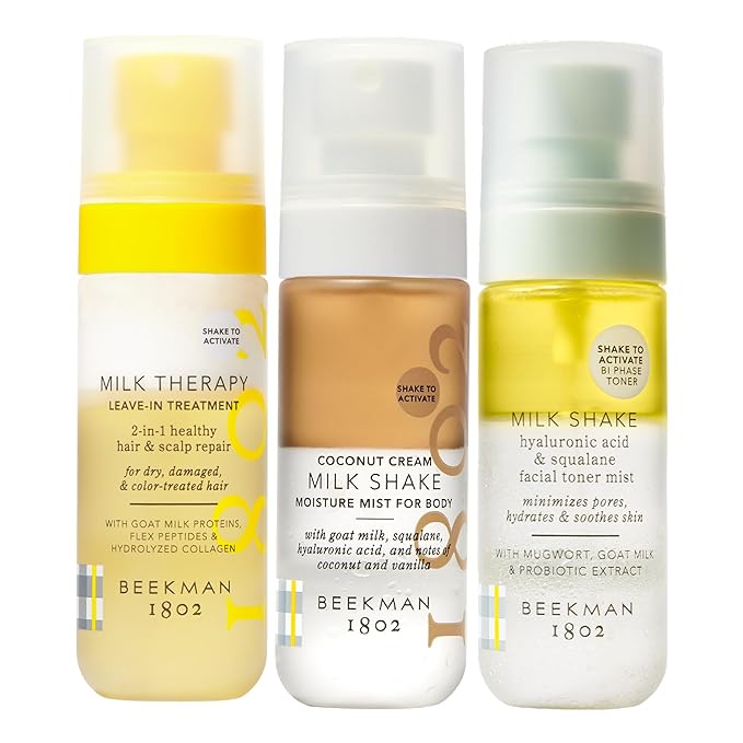 Beekman 1802 Head to Toe Milk Shake Bundle For Face, Body, and Hair - Includes Hyaluronic Acid Toner Face Mist, Hydrating Jojoba Oil Body Mist in Coconut, and Milk Therapy Brazilian Peptide Leave In