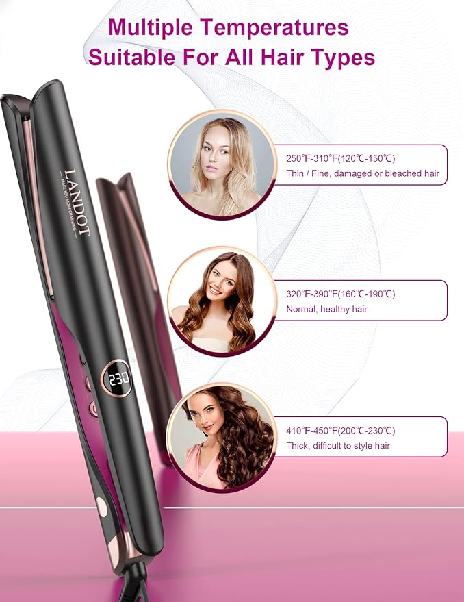 LANDOT 2-in-1 Hair Straightener Curling Iron - Twist Floating Plates for Curl & Straight, Anti-Frizz & Tangle-Free, Dual Voltage Adjustable Temp 250-450°F for All Hair Types