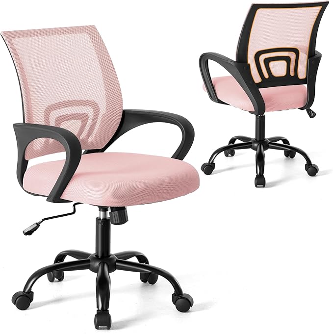 NEWBULIG Computer Desk Office Chair, Ergonomic Mid-Back Swivel Rolling Chair with Breathable Backrest and Lumbar Support Wheels, Pink Chair for Desk Home Height Adjustable, 1Pack