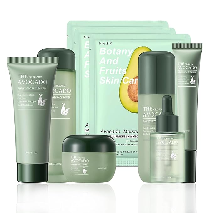 9 Pcs Avocado Skincare Set with Moisturizing Facial Cleanser,Toner,Face Serum, Face Cream, Eye Cream, Facial Lotion and 3 Hydrating Sheet Masks Skin Care Set