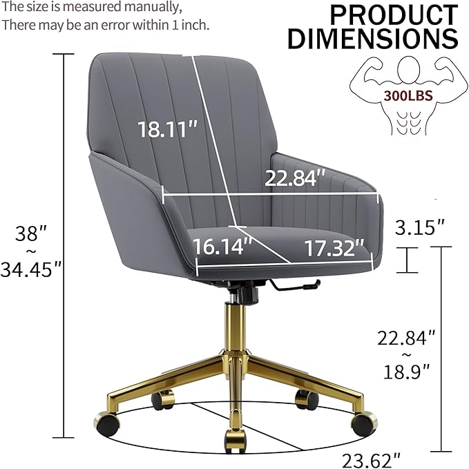 YISHENG Velvet Office Desk Chair with Gold Base, with Wheels,Modern Height Adjustable 360 Degree Swivel Upholstered Vanity Chairs with Arms for Living Room Bedroom，Gray