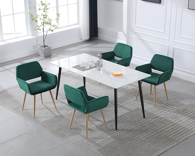 KCC Small Modern Dining Room Arm Chairs Set of 4, Mid-Century Upholstered Velvet Side Seat Club Guest with Metal Tube Legs for Kitchen, Living Room, Green