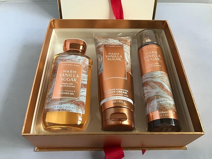 Bath And Body Works Warm Vanilla Sugar - Daily Trio - Ultimate Hydration Body Cream with Hyaluronic Acid , Shower Gel With Vitamin E & Aloe, Fine Fragrance Mist arranged In Warmest Wishes Fastive Box