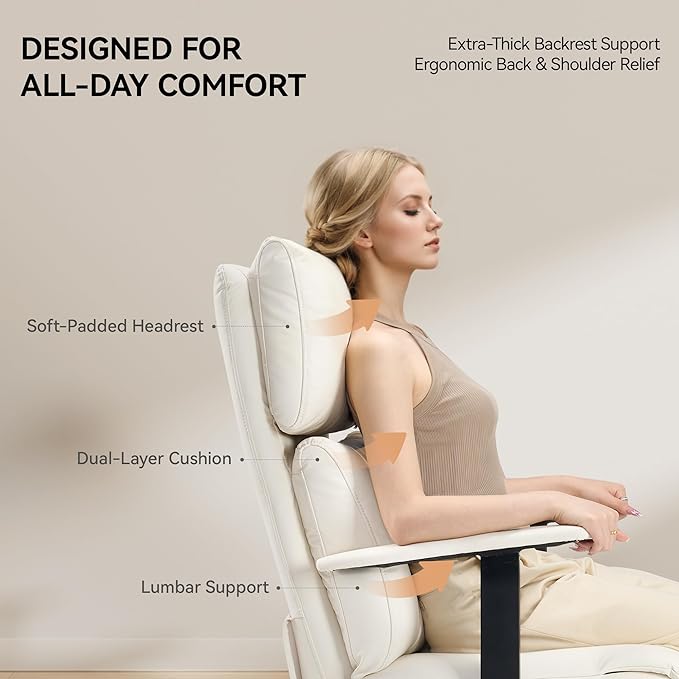 Reclining Office Chair with Adjustable Headrest and Footrest, 170° Ergonomic Comfortable Office Chair Zero Gravity, Leather Executive Home Office Desk Chair (Cream)