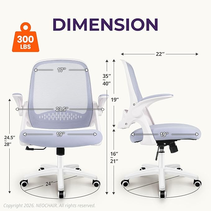 NEO Chair Office Desk Computer Gaming Ergonomic Chair with Lumbar Back Support Adjustable Height Swivel Wheels Flip-up Arms Mesh Chair for Home or Office (Purple)