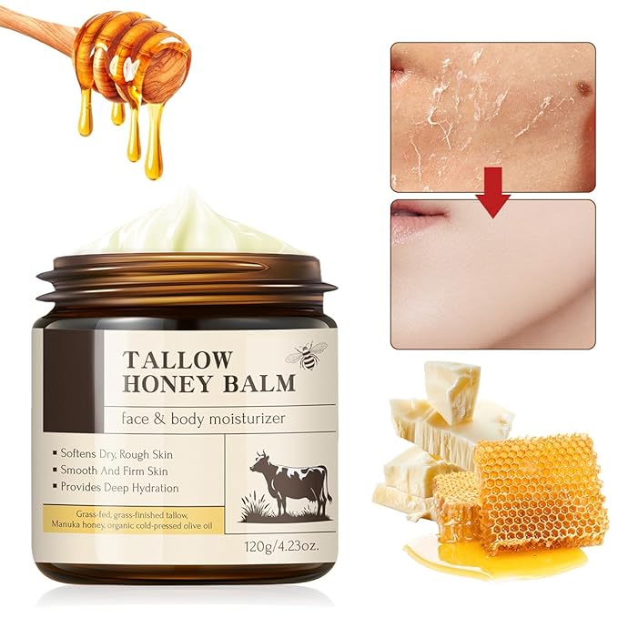 Beef Tallow Balm Skincare for Women,Moisturizer Tallow and Honey Cream for Face & Body,Deeply Hydrating Beef Tallow Skin care for All the Skin Type,White(120g/4.23 Oz)