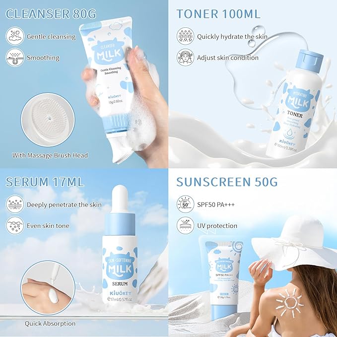Milk Skin Care Set - 9PCS Milk Skin Care for Kids Ages 8-12 with Cleanser, Toner, Serum, Eye Cream, Face Cream, Sunscreen, Facial Masks - Deep Hydrating, Smooth & Delicate Skin for Girls & Women
