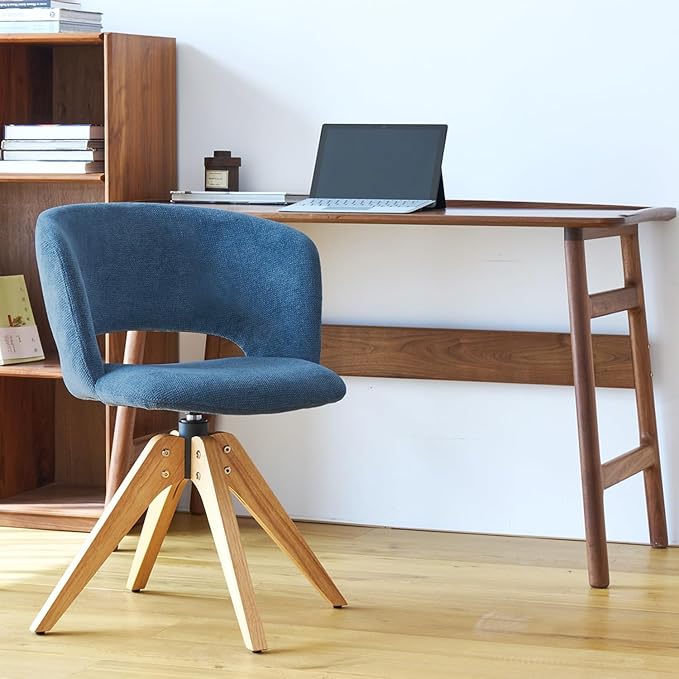 Mid Century Modern Swivel Accent Chair with Solid Wood Legs, Home Office Desk Chair No Wheels, Makeup Chair for Vanity, Upholstered Chair for Bedroom, Blue