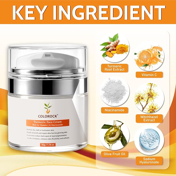 Turmeric Face Cream with Vitamin C & Niacinamide - Dark Spot Removal & Anti-Aging Face Moisturizer,Deep Pore Cleansing,Radiant & Smooth Skin,Suitable for All Skin Types 50G