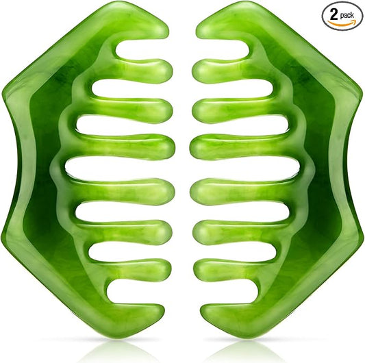 Geiserailie 2 Pcs Jade Combs Esthetician Supplies Massage Stone Hair Gua Sha Scraping Scalp Comb Facial Massage Tool Handheld Head Tools Head Caring Therapy Mother's Day for Women(Dark Green Style)