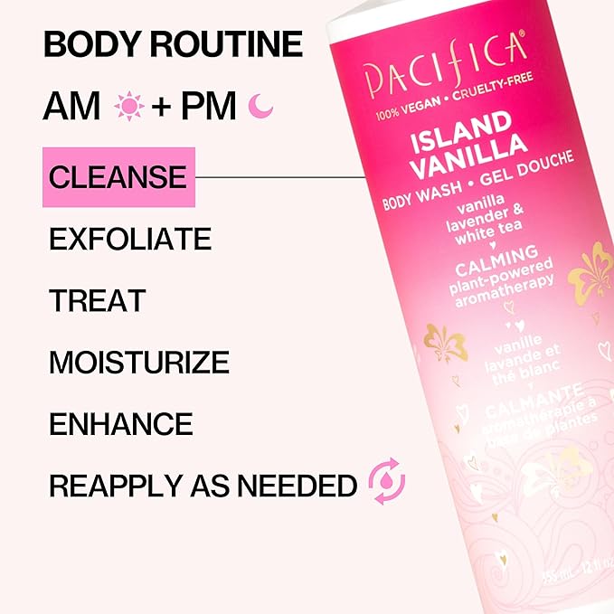 Pacifica Island Vanilla Body Wash Aloe + Hyaluronic Acid,Daily Cleansing,Bath&Shower Gel,Essential Oils,Clean,Vegan + Cruelty&Paraben Free,Clean Beauty Vegan Dermatologist Tested,12 Fl Oz,(Pack of 2)