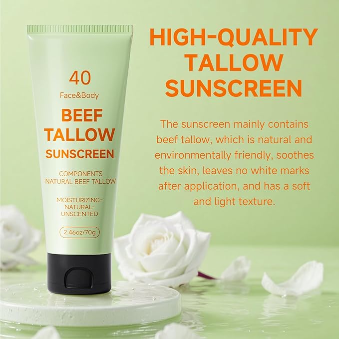 Sunscreen for Face, Beef Tallow for Skin, Reef Safe Travel Sunblock Grass-Fed Natural for All Skin Type Deep Hydration Moisturizing Non Greasy Anti White Cast, 2 Packs