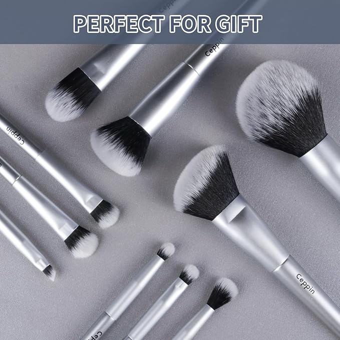 Professional Makeup Brushes 10Pcs, Premium Synthetic Make Up Brush Set, Powder Foundation Contour Blush Concealer Eye Shadow Blending Liner Makeup Brush Kit (Silver)