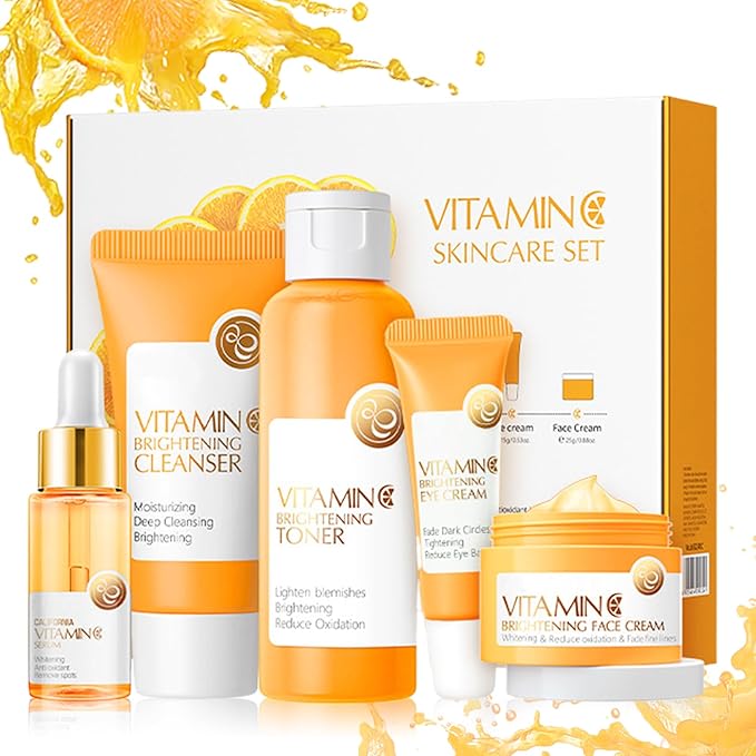 5PCS Vitamin C Skin Care Set for Teenage Girls Face Hydrating Skincare Gift Set for Women Travel Size Skin Care Kit with Cleanser, Toner, Face Serum, Eye Cream, Face Cream