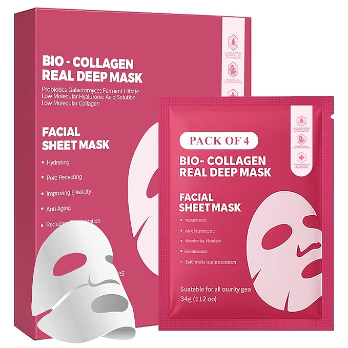 Bio Collagen Face Mask - Real Masks Deep Hydration, Reduce Wrinkles, Night Treatment Pore Minimizing Moisturizing Korean Skincare,34g x4ea
