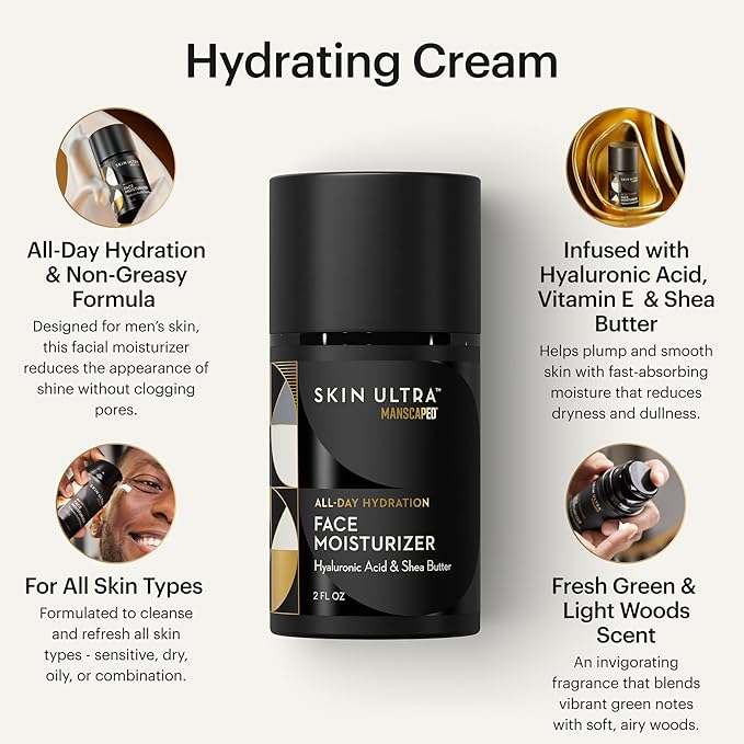 MANSCAPED® Skin Ultra™ Face Moisturizer - Men's Daily Hydrating Skincare Lotion Infused with Hyaluronic Acid, Vitamin E & Shea Butter, Non-Greasy, Fast Absorbing, 2 fl oz