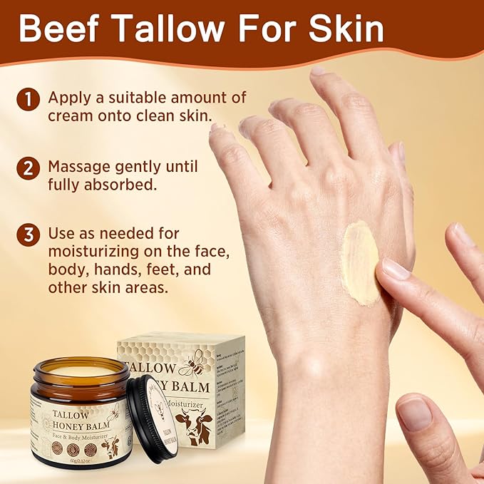 Tallow and Honey Balm for Face, Beef Tallow for Skin, Grass-Fed Beef Tallow & Raw Wild Honey, Body & Face Moisturizer