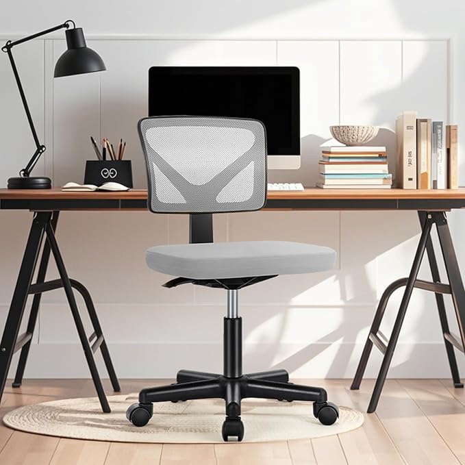 NEWBULIG Home Office Desk Chair, Armless Ergonomic Swivel Computer Chair with Wheels, Adjustable Height and Low-Back Mesh Design, Rolling Chair with Lumbar Support and Comfortable Seat, Grey
