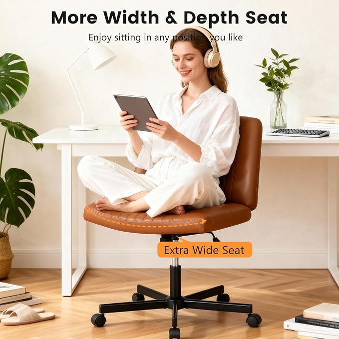 FDW Criss Cross Chair with Wheels Cross Legged Office Desk Modern Swivel Height Adjustable Wide Seat Computer Task Vanity Chair Comfy Fabric Armless Seating for Home Office