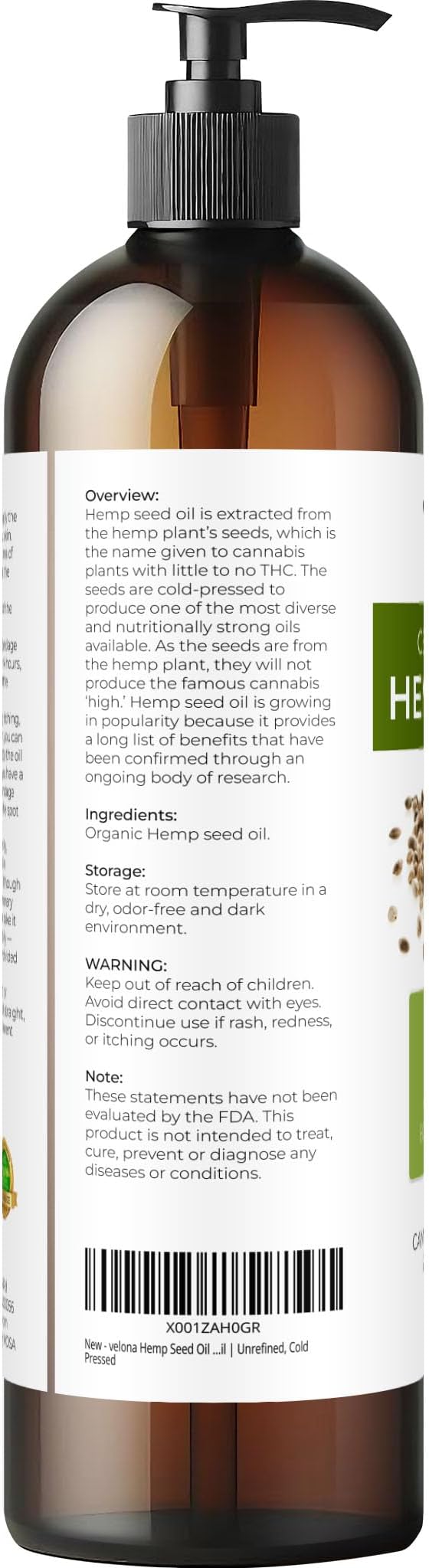 velona Hemp Seed Oil USDA Certified Organic - 8 Fl Oz | 100% Pure and Natural Carrier Oil | Unrefined, Cold Pressed | Hair, Body, Face & Skin Care