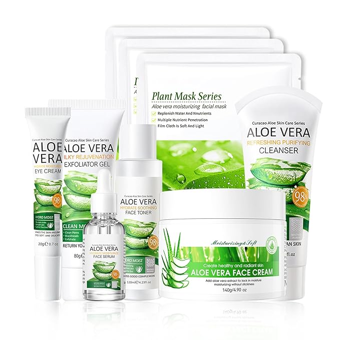 9 Pcs Aloe Vera Skincare Set with Moisturizing Facial Cleanser,Toner,Face Serum, Facial Cream, Eye Cream,Aloe Vera Gel and 3 Hydrating Face Sheet Masks Skin Care Set