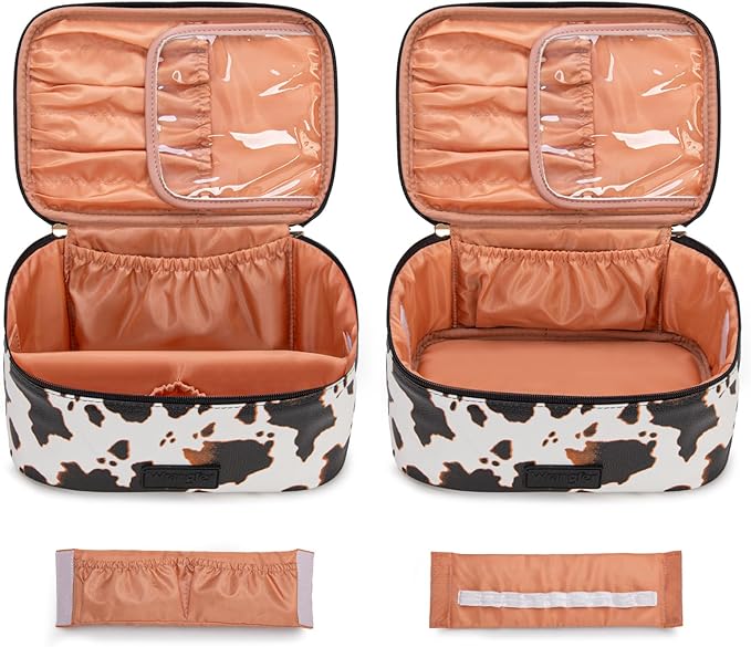 Montana West X Wrangler Travel Makeup Bag 2pcs Set Large Cosmetic Bag with Makeup Brush Holder Portable Make Up Organizer Cute Toiletry Bag with Divider and Handle for Women