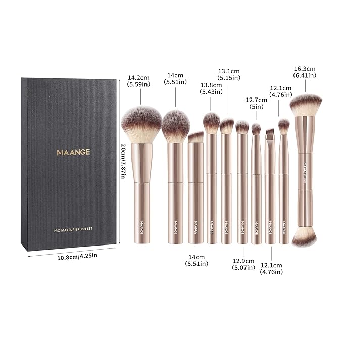 10 Pcs MAANGE Travel Makeup Brush Set with Magnetic case, Premium Synthetic Short Handle Brushes for Foundation, Powder, Concealer, Eye Shadows, Makeup Brush Tools Set(Champagne)