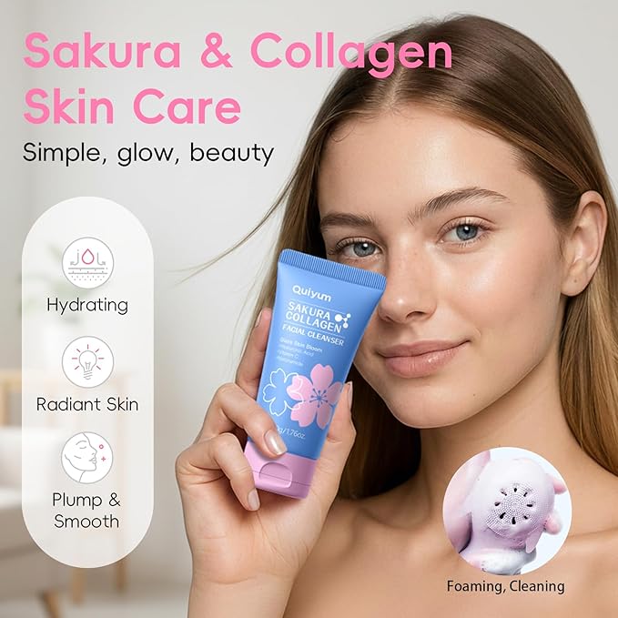 Sakura Collagen Skincare Set - 8-Piece Glass Skin Routine with Cleanser, Toner, Serum, Eye Cream, Moisturizer | Hydration, Firm, Glow for All Skin Types, Skin Care Gift Sets, for Mother's day