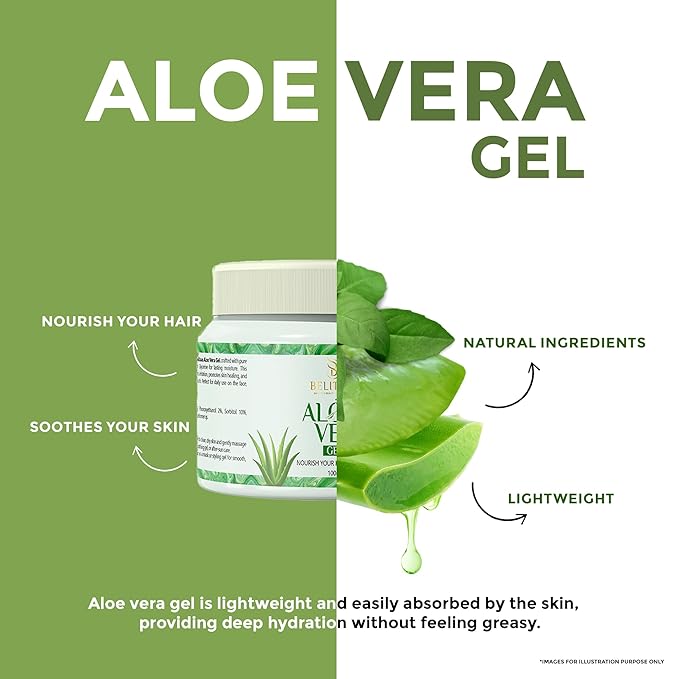 Belitaas 99% Pure Aloe Vera Gel, Hydrating & Soothing Multi-Purpose Gel for Face, Hair & Body, Non-Sticky After-Sun & Shaving Relief, Paraben-Free Unisex Skin Care, 100 g