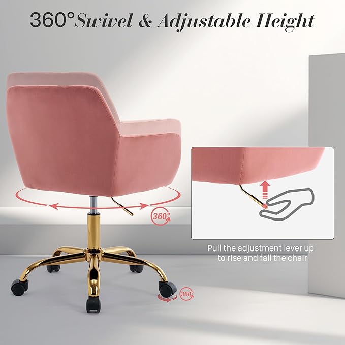Faux Fur 360°Swivel Desk Chair, Modern Height Adjustable Home Office Armchair with Golden Base for Teens Women Girls, Upholstery Computer Chair for Home Studios, Velvet & Pink