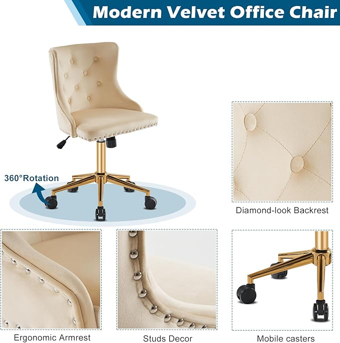 VINGLI Beige Velvet Armless Home Office Desk Chair with Gold Base/Wheels, Small Cute Vanity/Makeup Chair with Back for Bedroom, Upholstered Adjustable Rolling Swivel Nail Chair for Women/Girls