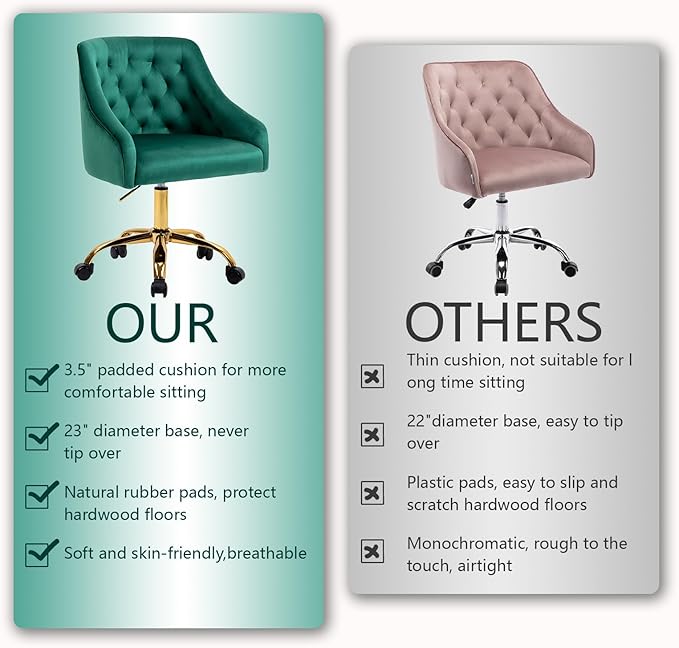 MOJAY Velvet Office Swivel Chair, Vanity Fabric Desk Pretty Fancy Gold Office Chairs for Girls, 360°Swivel Height Adjustable Reception Chair (Green)