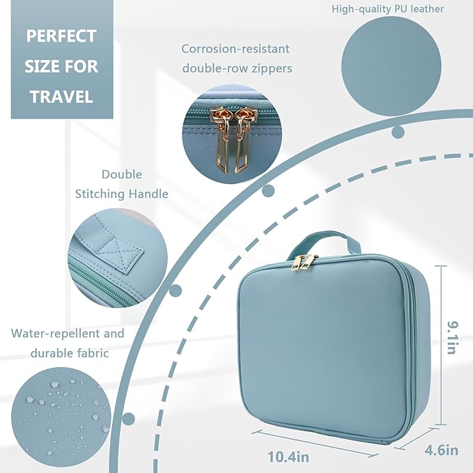 Makeup Bag with Led Mirror,Large Vanity Makeup Cases with 3 Color Setting,Portable Storage and Adjustable Dividers,for Women and Makeup Artists Cosmetic Organizer Travel Makeup Bag-Light Blue
