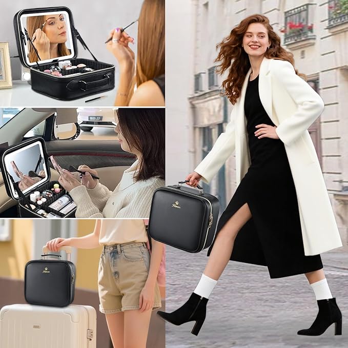 Travel Makeup Bag with LED Mirror 3 Color Modes,10.2-in Black Vegan Leather Makeup Organizer Bag with Adjustable EVA Dividers and Independent Brush Panel