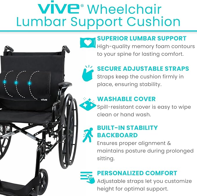 Vive Wheelchair Lumbar Support Cushion - Chair Pad for Back Pressure Relief - Memory Foam Backrest - Superior Comfort Curve -Fits Most Wheelchairs or Transport Chairs -Improves Posture (18"x17"x3")