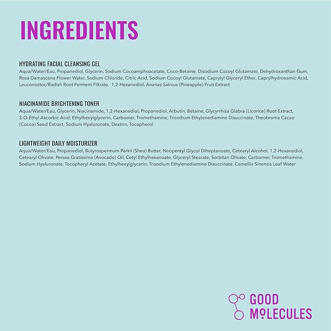 Good Molecules Cleanse, Tone & Moisturize Skincare Set – Hydrating Facial Cleansing Gel (200ml), Niacinamide Brightening Toner (120ml) & Lightweight Daily Moisturizer (100ml)