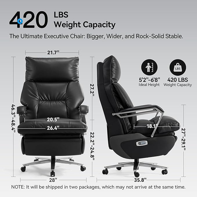 M80A Dual Motor Electric Executive Office Chair with Footrest, Comfortable Reclining Office Chair Wide Seat, Big and Tall Ergonomic Leather Home Office Desk Chair (Black,Multi-Functionality)