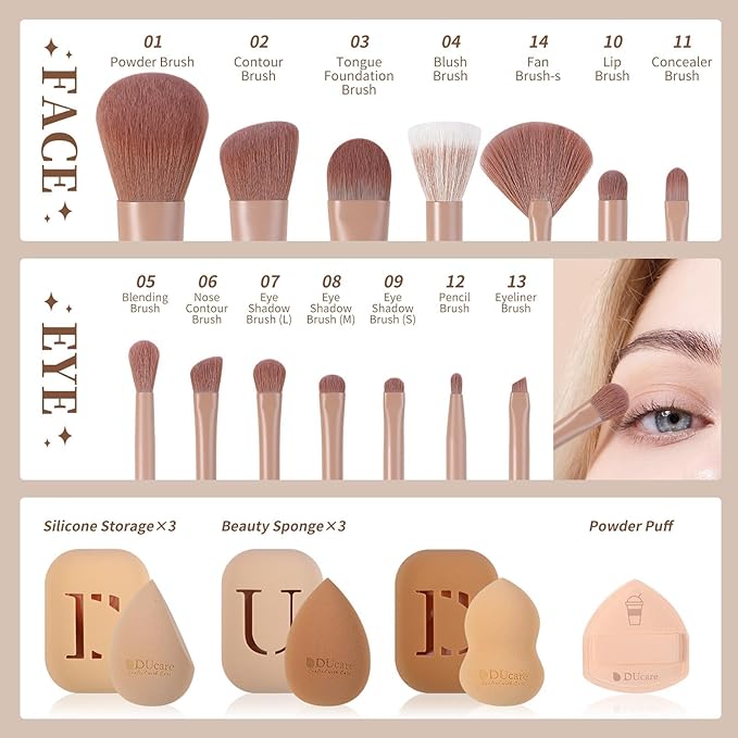 DUcare 21pcs Makeup Gift Set,with 14Pcs Makeup Brush set 3pcs Makeup Sponges 3pcs Sponge Holder 1pc Powder Puff for Foundation Blending Powder Blush Eyeshadows