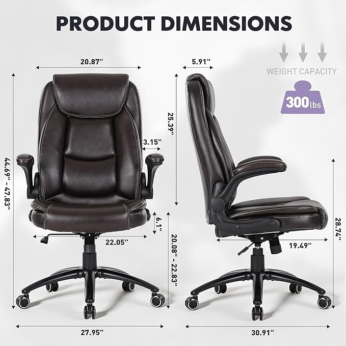Ergonomic PU Leather Office Chair with Flip-Up Armrests & Reclining Backrest, 300lbs Thick Padded Seat Executive Desk Chair-Adjustable Height & Tilt Tension, Brown
