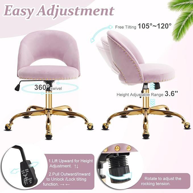 VINGLI Modern Velvet Small Office Chair,Cute Desk Chair With Wheels,Gold Base/Studs,Comfy Armless Swivel Vanity Task Chair For Women/Girl/Kids,Nail Tech Chair For Office,Small Space,Mauve Light Purple